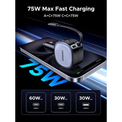 Auto punjač sa USB-C kablom UGREEN EC601, 75W, 3A, 1 x USB-A - 1 x USB-C, Sivi