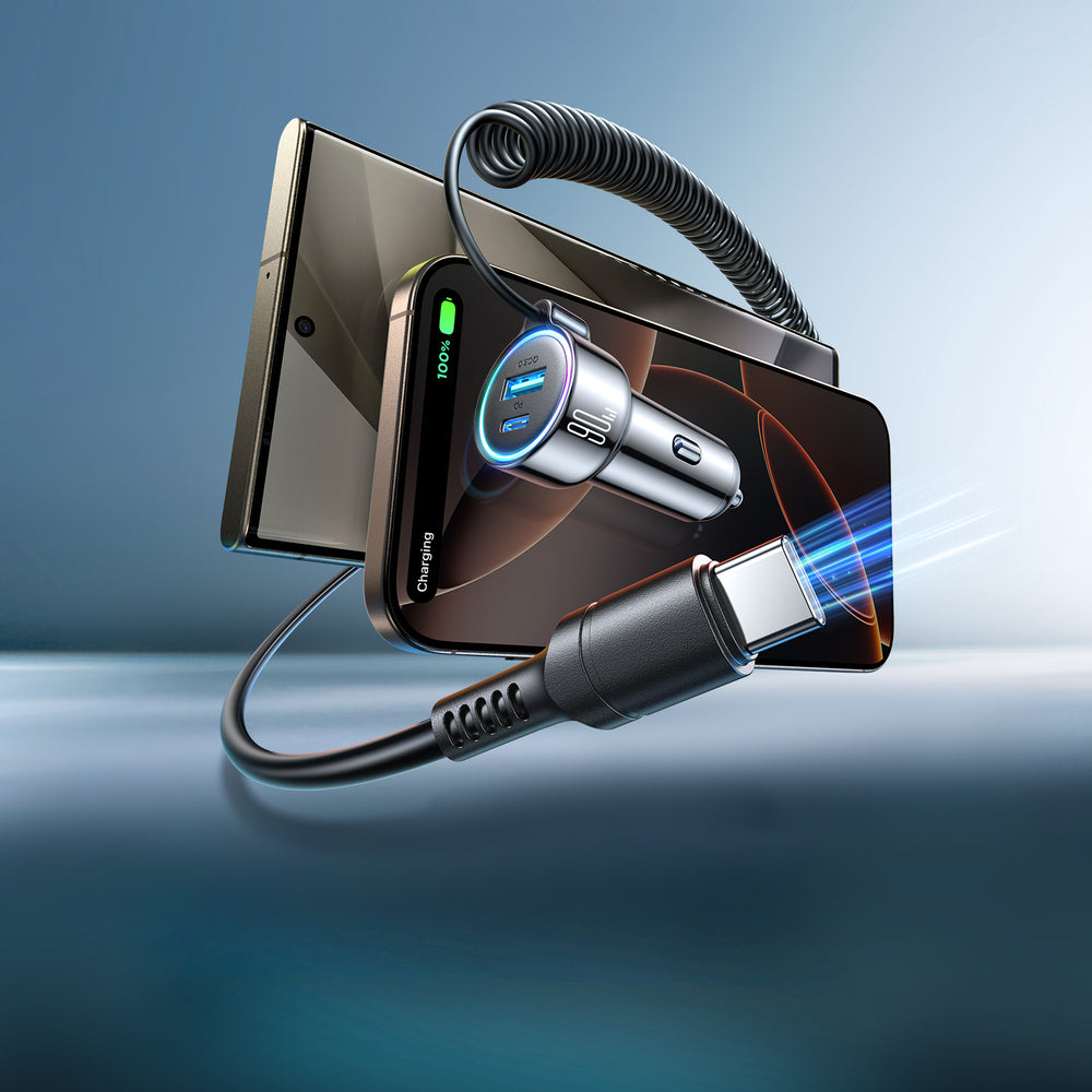 Auto punjač sa USB-C kablom Joyroom JR-CL07, 90W, 3A, 1 x USB-A - 1 x USB-C, Crni