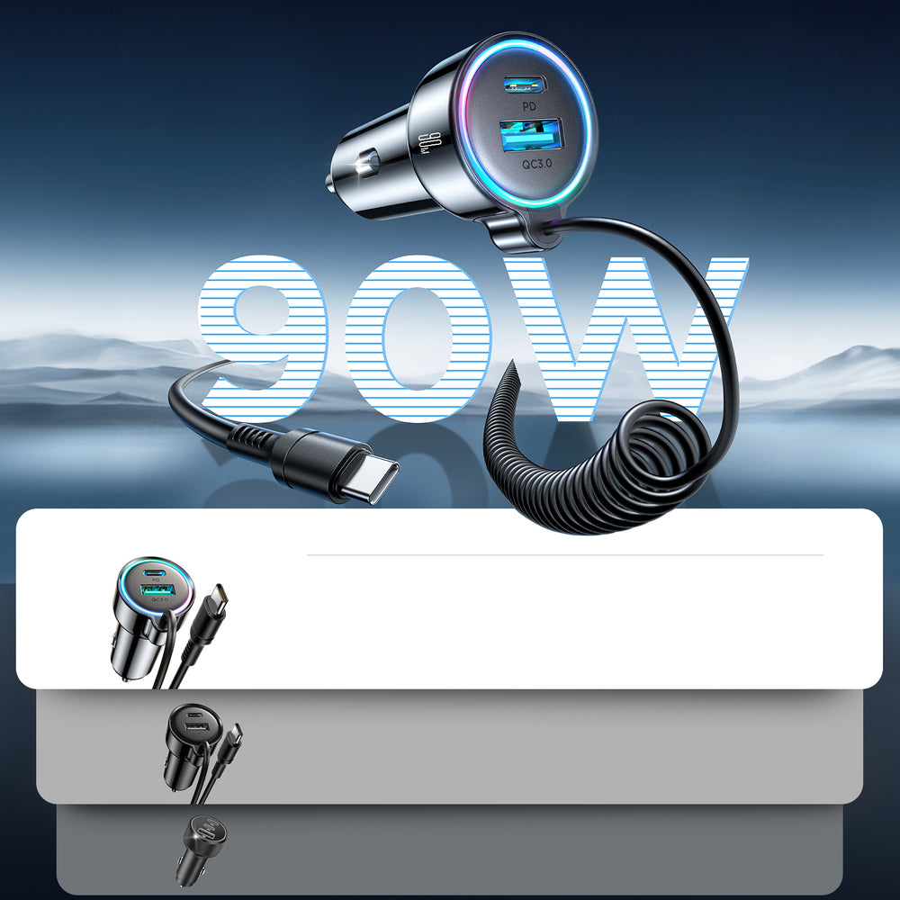 Auto punjač sa USB-C kablom Joyroom JR-CL07, 90W, 3A, 1 x USB-A - 1 x USB-C, Crni