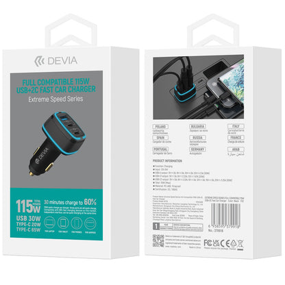 Car Charger DEVIA Extreme, 115W, 3A, 1 x USB-A - 2 x USB-C, Black 