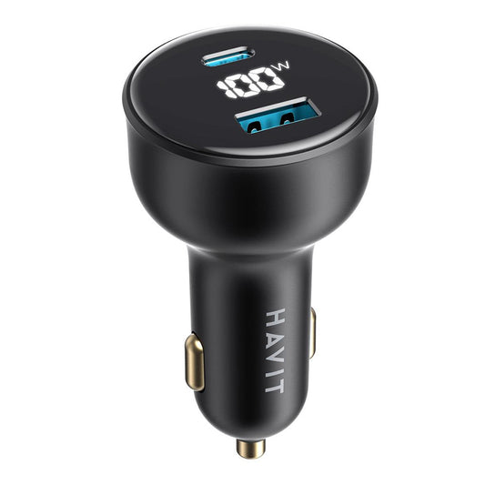 Auto punjač HAVIT CC100W Display, 100W, 5A, 1 x USB-A - 1 x USB-C, Crni