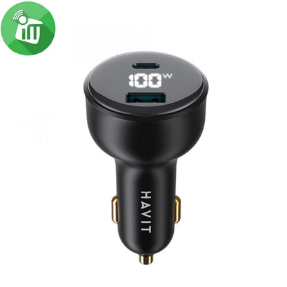 Auto punjač HAVIT CC100W Display, 100W, 5A, 1 x USB-A - 1 x USB-C, Crni