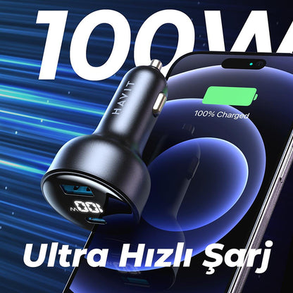 Auto punjač HAVIT CC100W Display, 100W, 5A, 1 x USB-A - 1 x USB-C, Crni