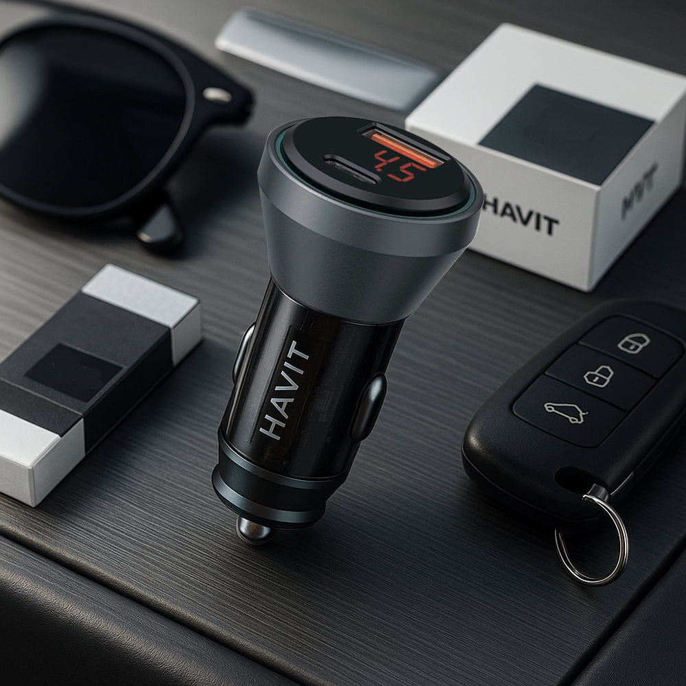 Auto punjač HAVIT CC2017, 45W, 3A, 1 x USB-A - 1 x USB-C, Crno Plavi