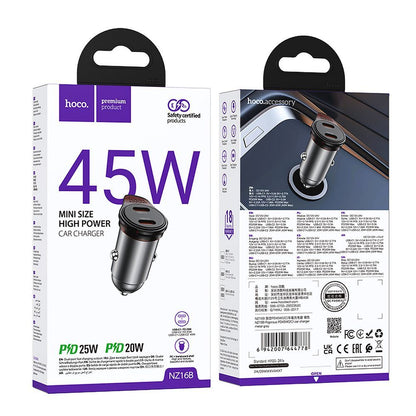 Auto punjač HOCO NZ16B, 45W, 3A, 2 x USB-C, Sivi