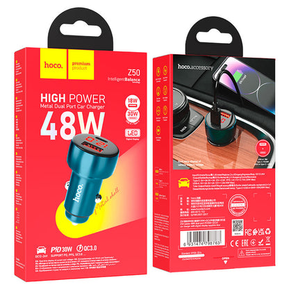 Auto punjač HOCO Z50, 48W, 3A, 1 x USB-A - 1 x USB-C, Plavi
