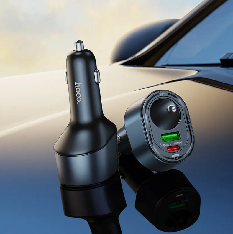 Auto punjač HOCO Z56, 35W, 3A, 1 x USB-A - 1 x USB-C - 1 x Produžetak upaljača, Crni
