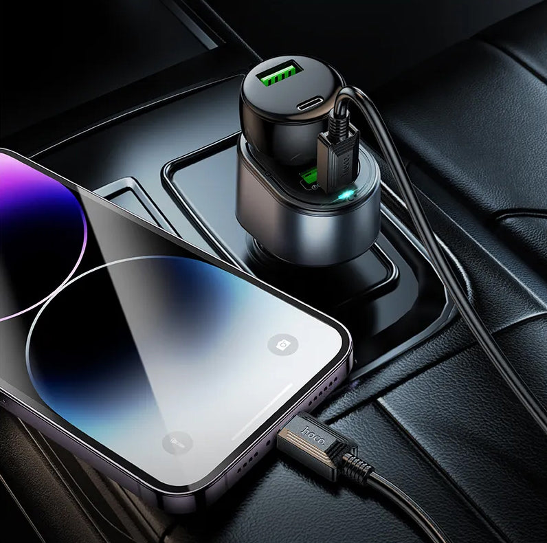 Auto punjač HOCO Z56, 35W, 3A, 1 x USB-A - 1 x USB-C - 1 x Produžetak upaljača, Crni