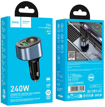 Auto punjač HOCO Z56, 35W, 3A, 1 x USB-A - 1 x USB-C - 1 x Produžetak upaljača, Crni