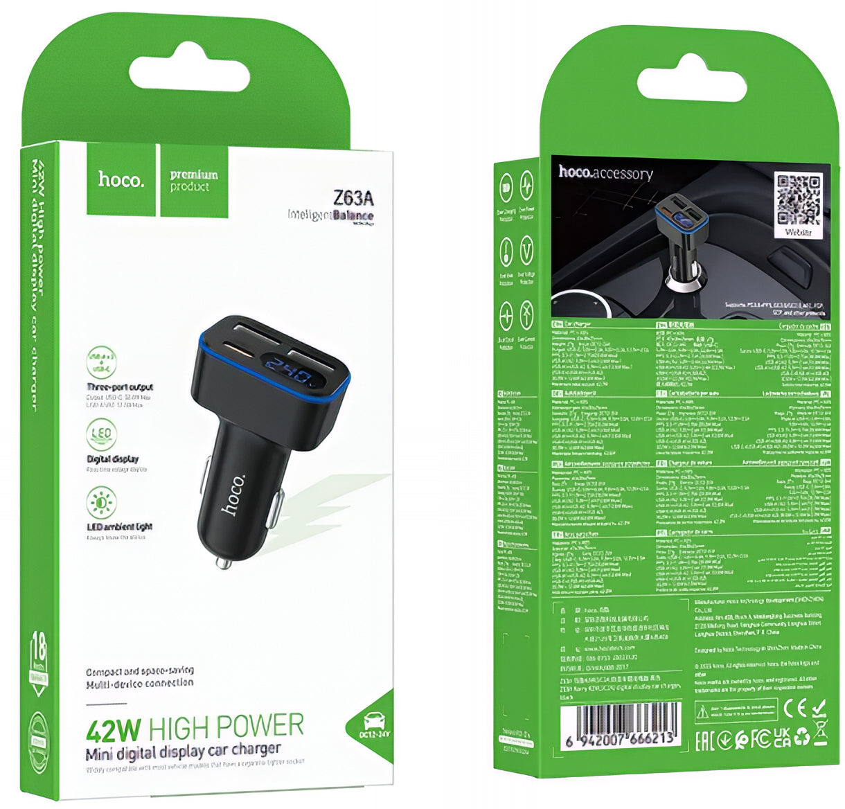 Auto punjač HOCO Z63A Display, 42W, 3A, 1 x USB-C - 2 x USB-A, Crni