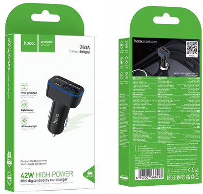 Auto punjač HOCO Z63A Display, 42W, 3A, 1 x USB-C - 2 x USB-A, Crni