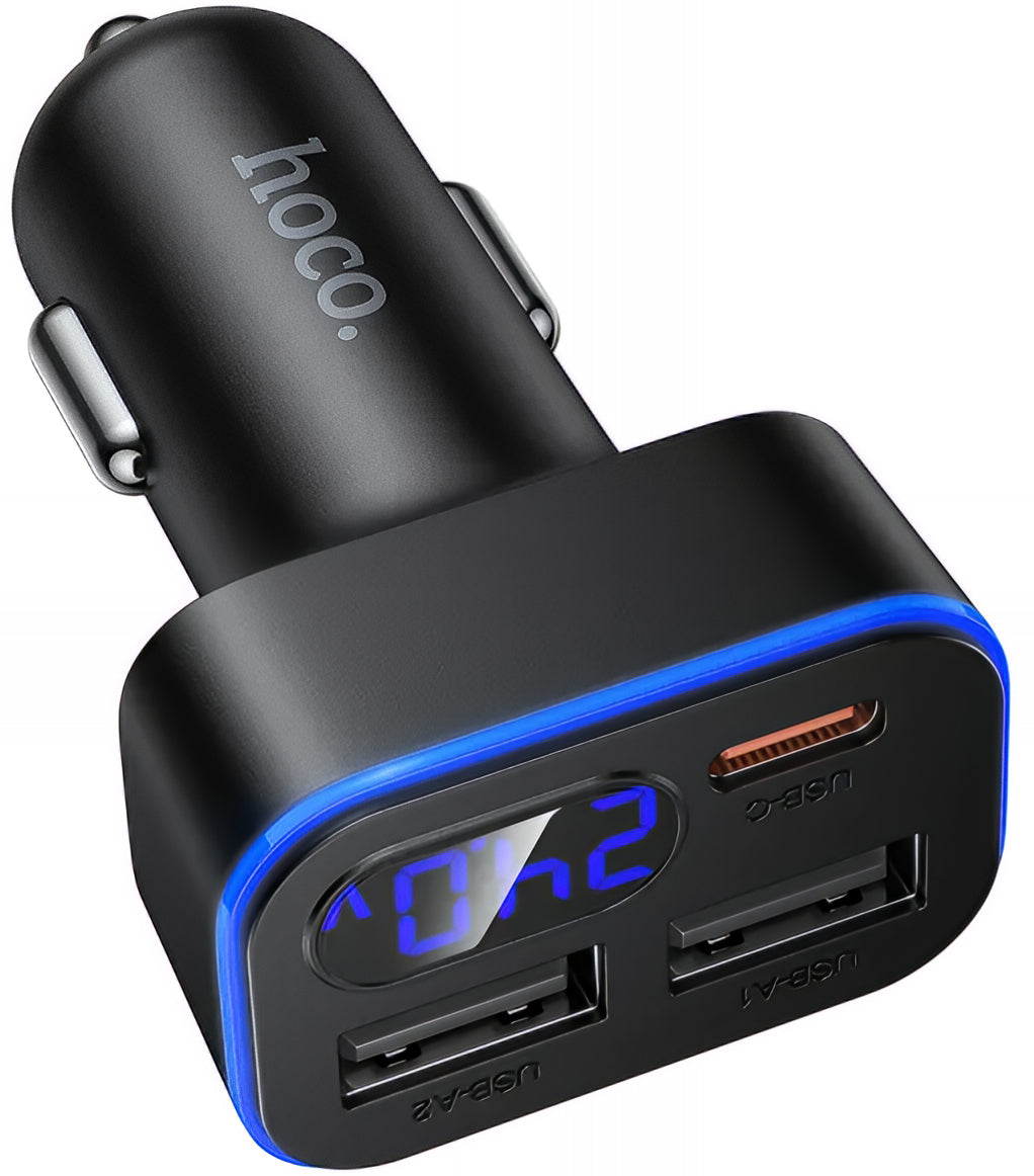 Auto punjač HOCO Z63A Display, 42W, 3A, 1 x USB-C - 2 x USB-A, Crni