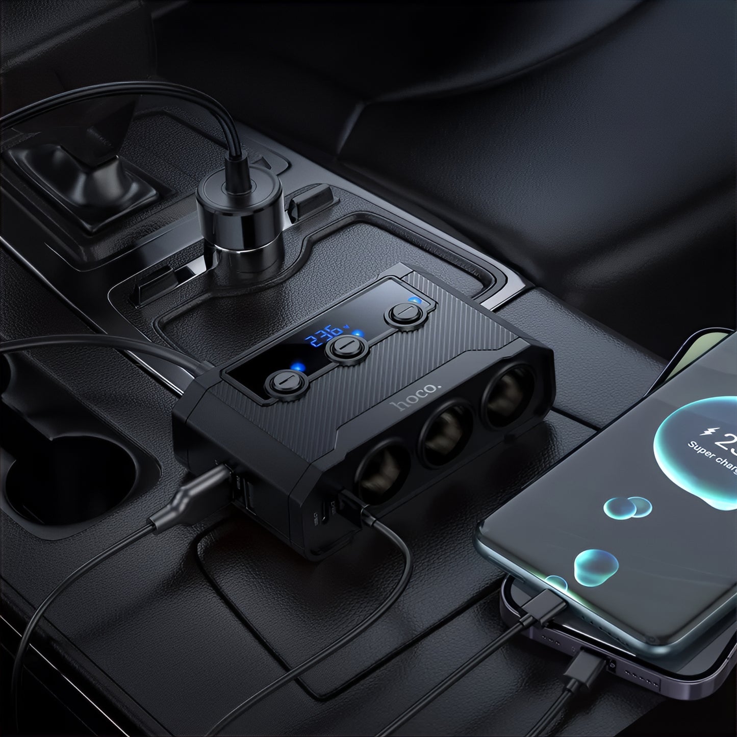 Auto punjač HOCO Z64, 15.5W, 3.1A, 2 x USB-A - 2 x USB-C - 3 x Produžetak upaljača, Crni