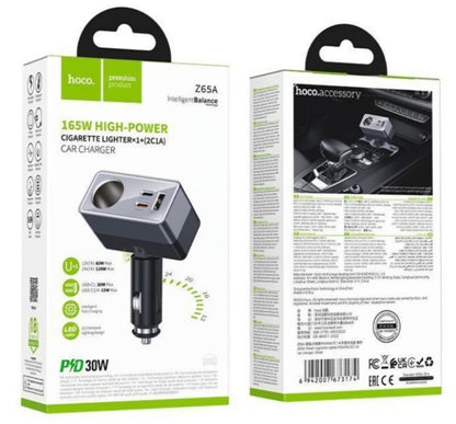 Auto punjač HOCO Z65A, 165W, 3A, 1 x Produžetak za upaljač - 1 x USB-A - 2 x USB-C, Crna