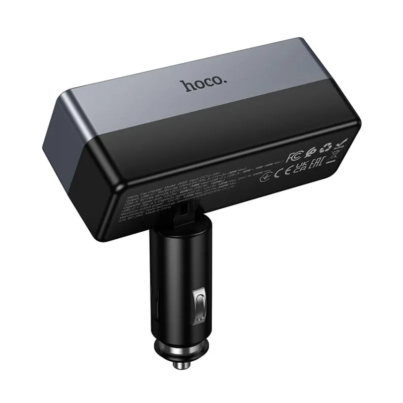Auto punjač HOCO Z65B, 240W, 1 x USB-A - 1 x USB-C - 2 x Produžetak upaljača, Crna