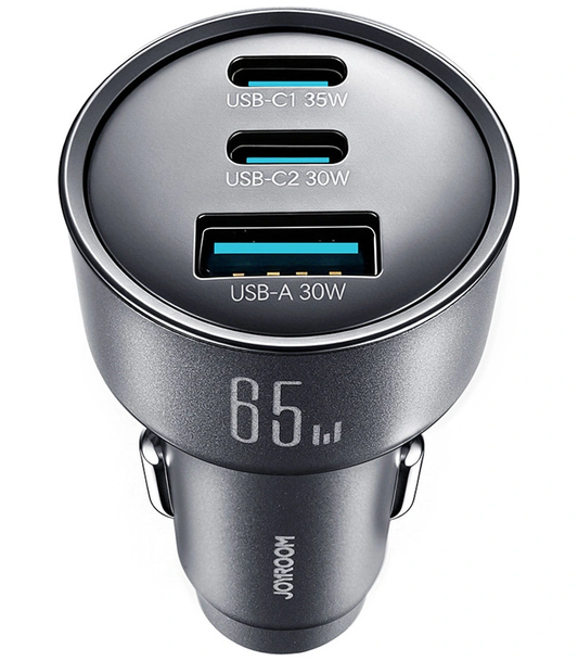 Auto punjač Joyroom JR-CCN19, 65W, 1 x USB-A - 2 x USB-C, Siva