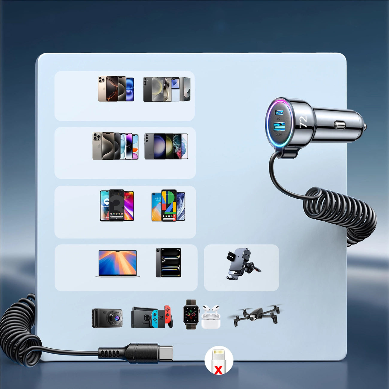 Auto punjač sa USB-C kablom Joyroom JR-CL07, 72W, 3A, 1 x USB-A - 1 x USB-C, Crni