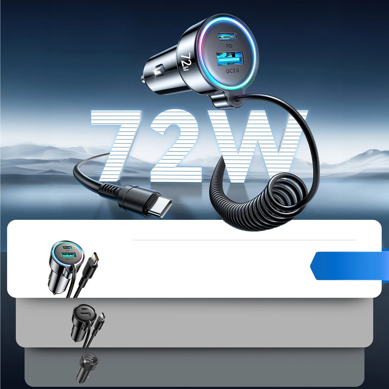 Auto punjač sa USB-C kablom Joyroom JR-CL07, 72W, 3A, 1 x USB-A - 1 x USB-C, Crni