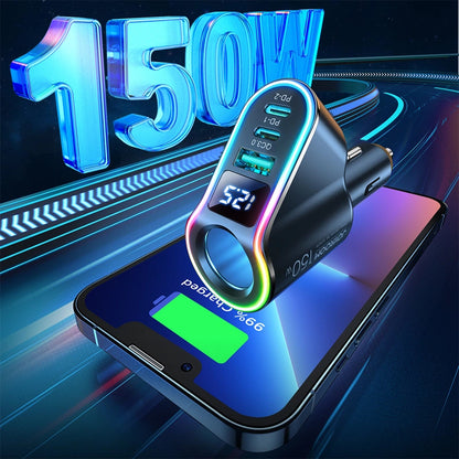 Auto punjač Joyroom JR-CL21, 150W, 3A, 1 x produžetak upaljača - 1 x USB-A - 2 x USB-C, Crna