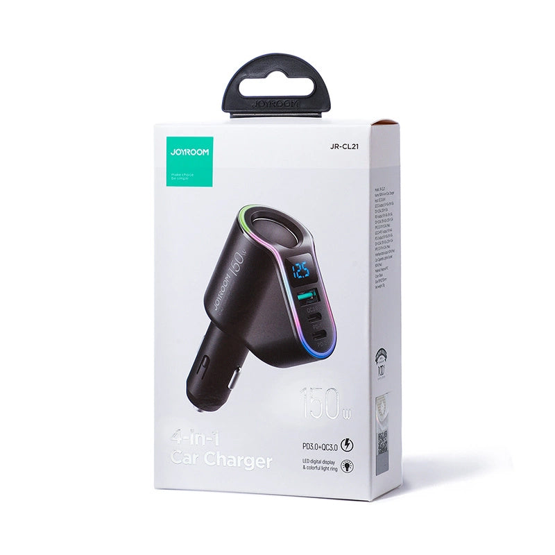Auto punjač Joyroom JR-CL21, 150W, 3A, 1 x produžetak upaljača - 1 x USB-A - 2 x USB-C, Crna