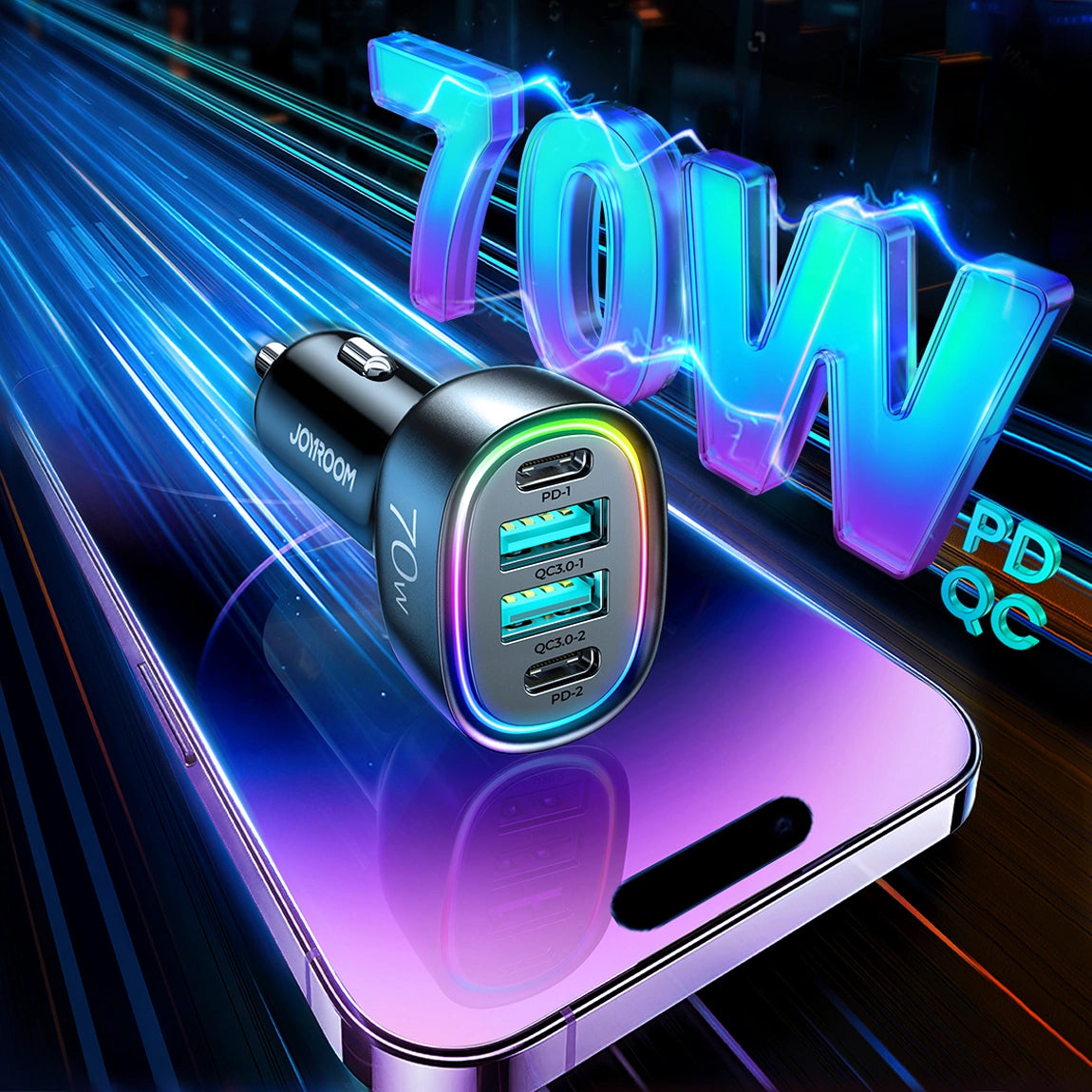 Auto punjač Joyroom JR-CL29, 70W, 3A, 2 x USB-A - 2 x USB-C, Crni