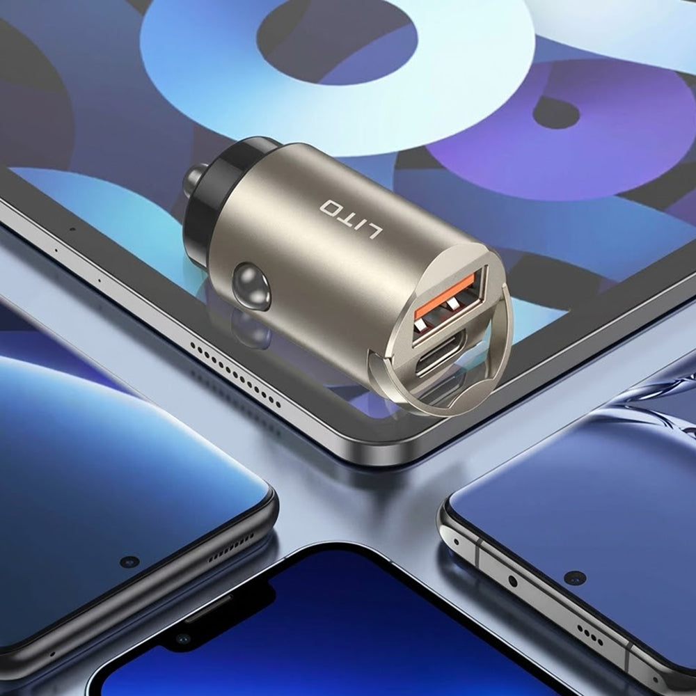 Auto punjač Lito IN-C03, 30W, 3A, 1 x USB-A - 1 x USB-C, Sivi