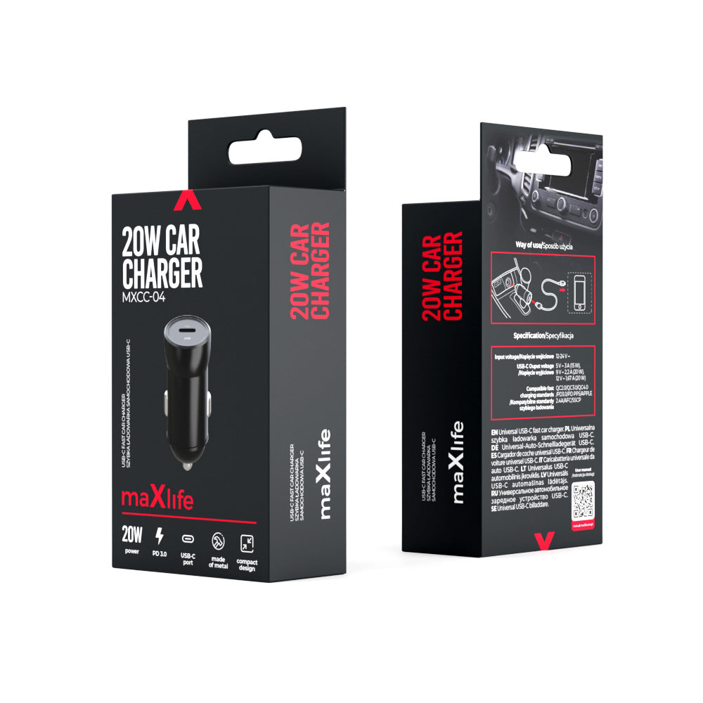Auto punjač MaXlife MXCC-04, 20W, 3A, 1 x USB-C, Crni