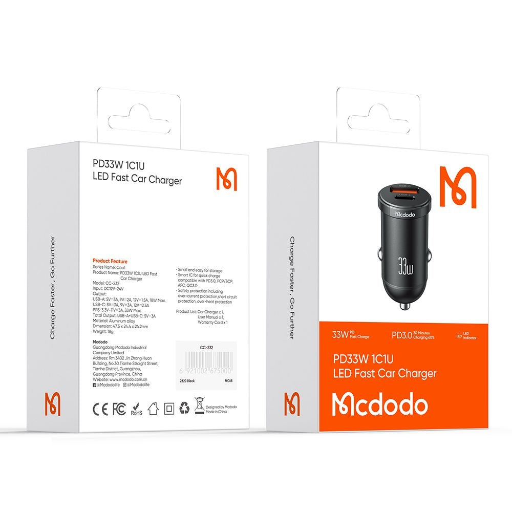Auto punjač McDodo CC-2320 Cool, 33W, 3A, 1 x USB-A - 1 x USB-C, Crni
