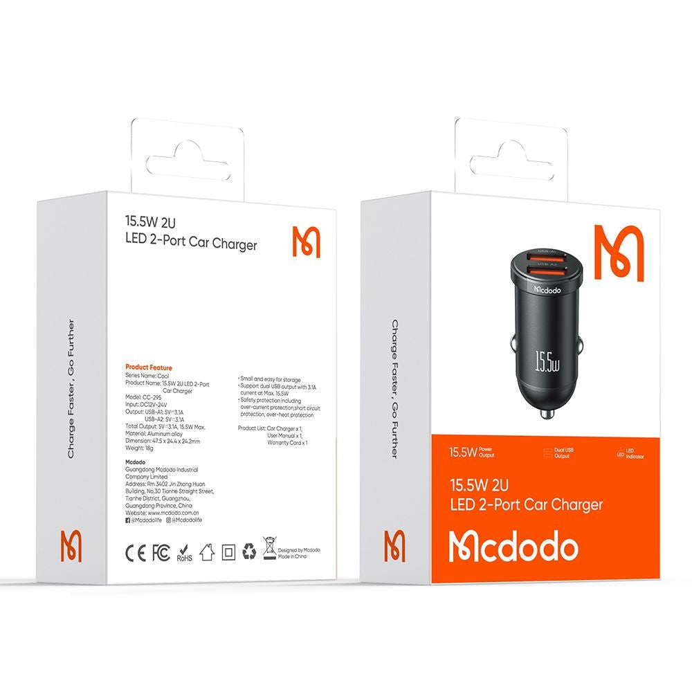 Auto punjač McDodo CC-2950 Cool, 15.5W, 3.1A, 2 x USB-A, Crni