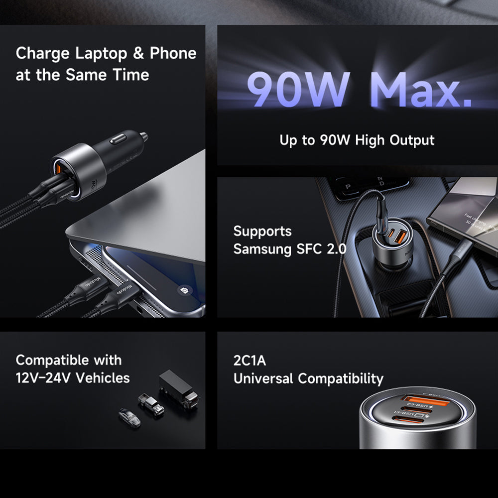 Auto punjač McDodo CC-3110 Gana, 90W, 3A, 1 x USB-A - 2 x USB-C, Crna