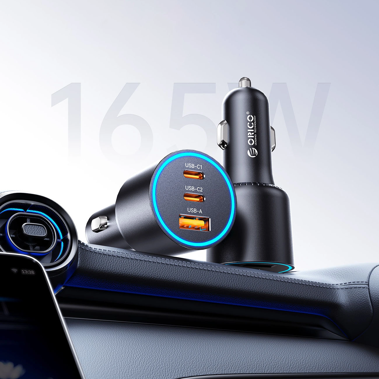 Auto punjač Orico HyperDrive, 165W, 5A, 1 x USB-A - 2 x USB-C, Crni