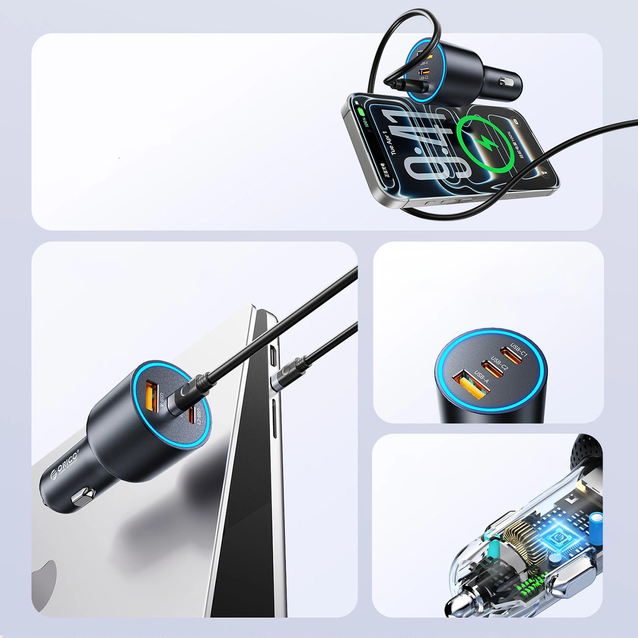 Auto punjač Orico HyperDrive, 165W, 5A, 1 x USB-A - 2 x USB-C, Crni