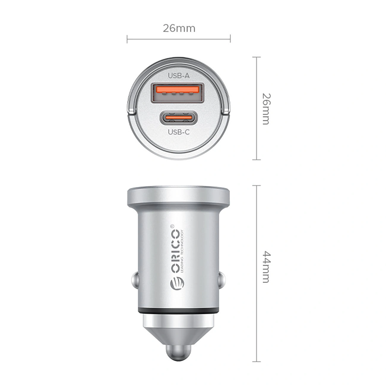 Auto punjač Orico MiniRing Pro, 45W, 3A, 1 x USB-A - 1 x USB-C, Srebrni