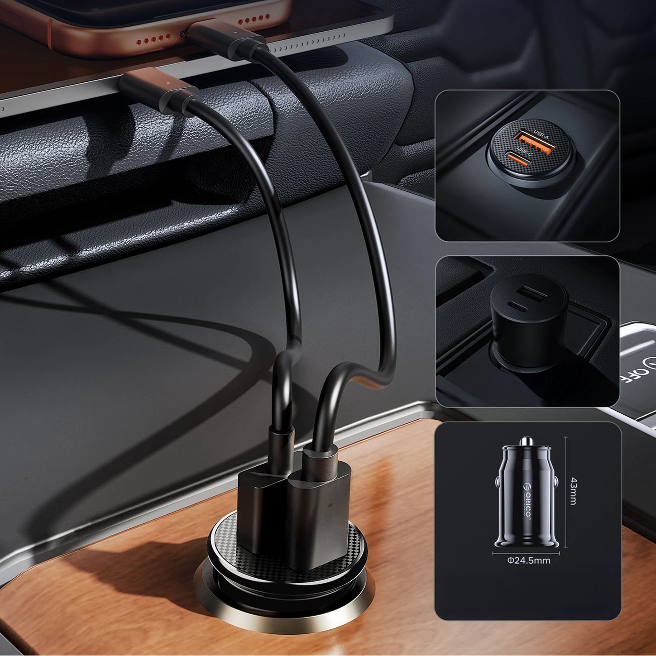 Auto punjač Orico PowerMini, 30W, 3A, 1 x USB-A - 1 x USB-C, Crna