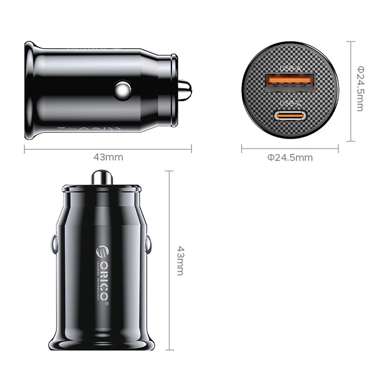 Auto punjač Orico PowerMini, 30W, 3A, 1 x USB-A - 1 x USB-C, Crna