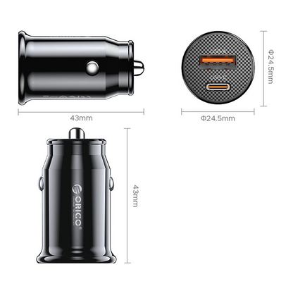 Auto punjač Orico PowerMini, 30W, 3A, 1 x USB-A - 1 x USB-C, Crna