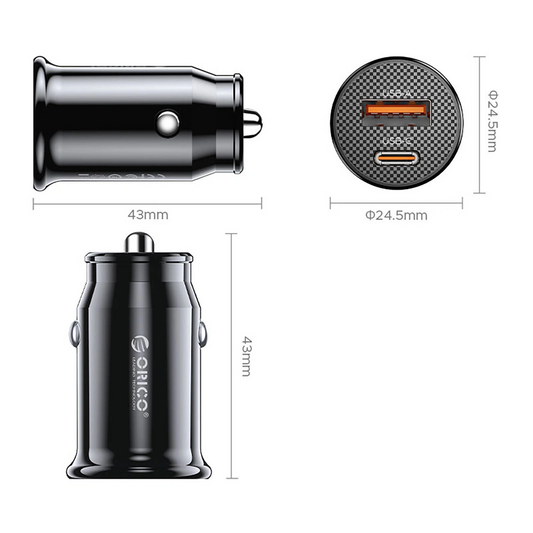 Auto punjač Orico PowerMini, 30W, 3A, 1 x USB-A - 1 x USB-C, Crna