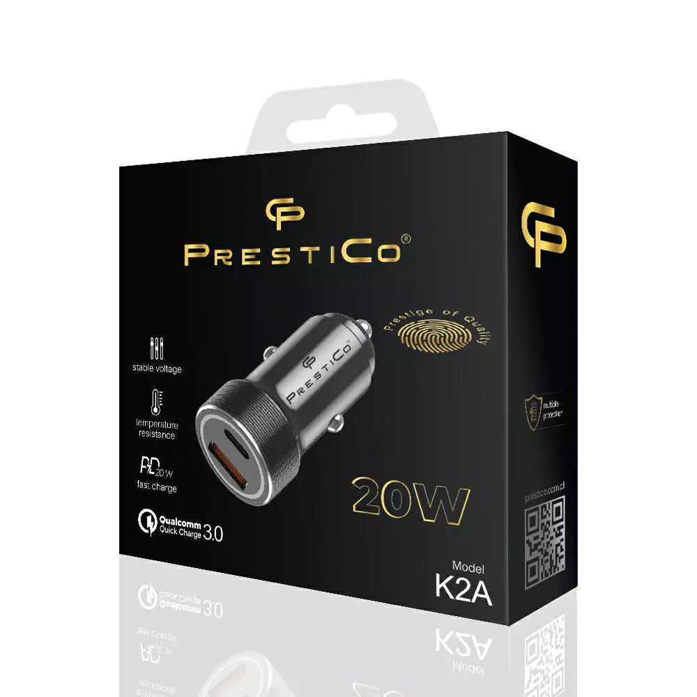 Auto punjač Prestico K2A, 20W, 3A, 1 x USB-A - 1 x USB-C, Crni