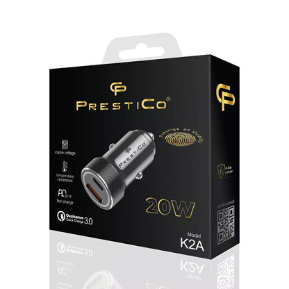 Auto punjač Prestico K2A, 20W, 3A, 1 x USB-A - 1 x USB-C, Crni