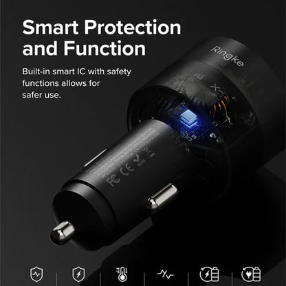 Auto punjač Ringke, 30W, 3A, 1 x USB-A - 2 x USB-C, Crni