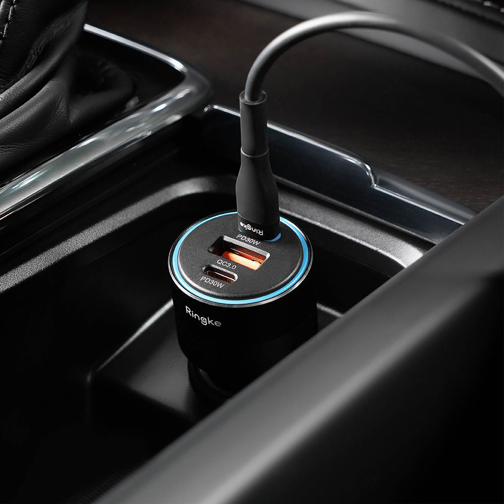 Auto punjač Ringke, 30W, 3A, 1 x USB-A - 2 x USB-C, Crni
