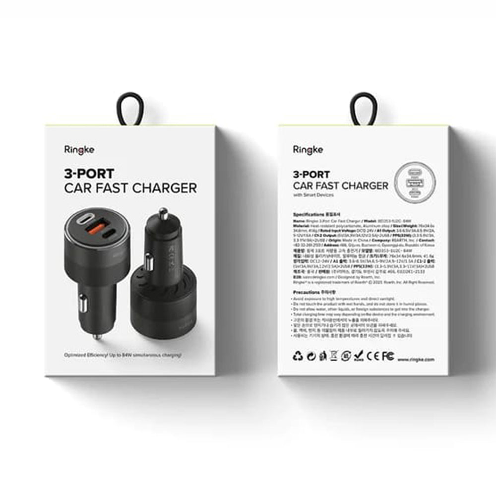 Auto punjač Ringke, 30W, 3A, 1 x USB-A - 2 x USB-C, Crni