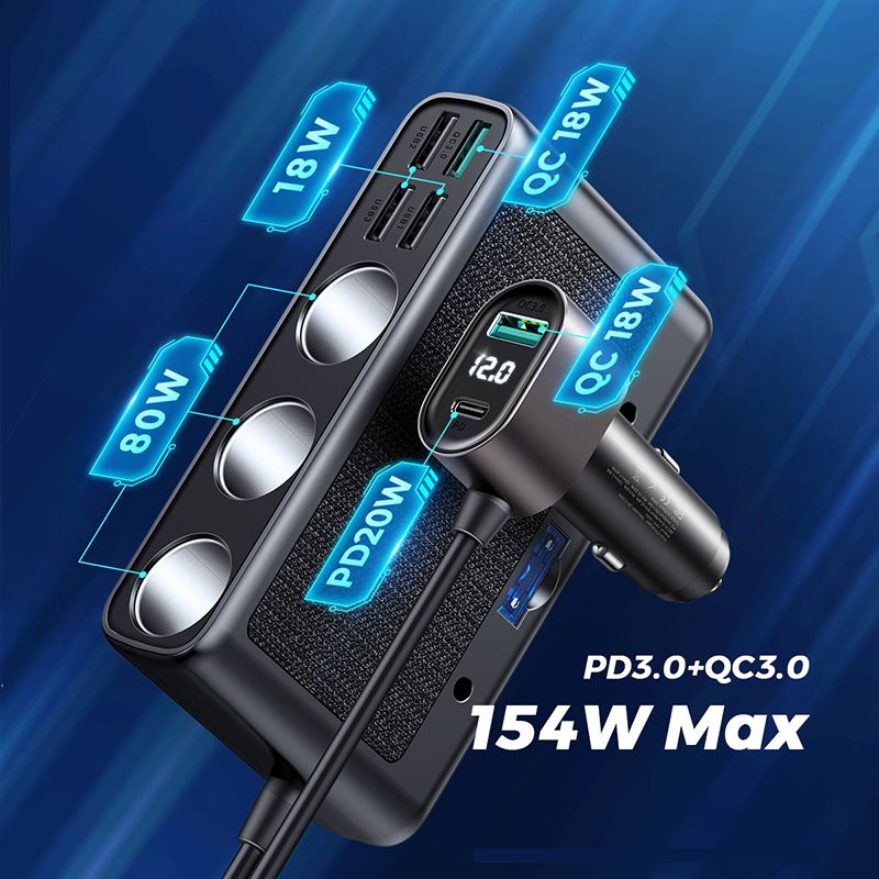 Car Charger Joyroom JR-CL06, 154W, 3A, 1 x USB-C - 4 x Cigarette Lighter Extension - 4 x USB-A, Black JYR058BLK JYR058BLK