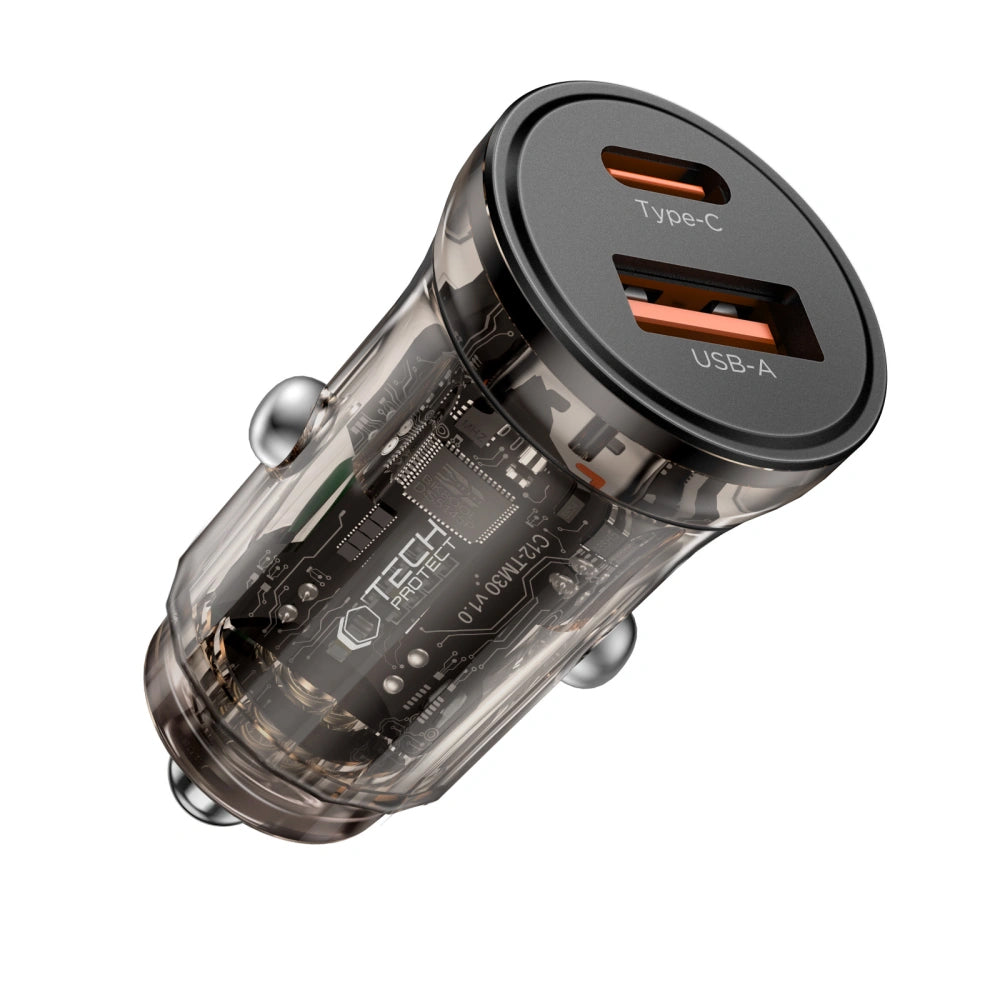 Auto punjač Tech-Protect CC01, 30W, 3A, 1 x USB-A - 1 x USB-C, Crni