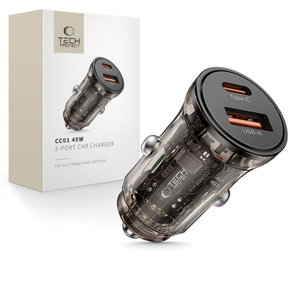 Auto punjač Tech-Protect CC01, 45W, 5A, 1 x USB-A - 1 x USB-C, Crni