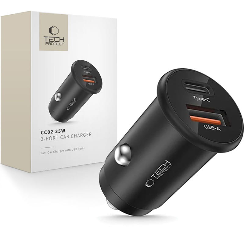 Auto punjač Tech-Protect CC02, 35W, 3A, 1 x USB-A - 1 x USB-C, Crni