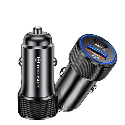 Auto punjač Techsuit C2 VoltDuo, 30W, 3A, 1 x USB-A - 1 x USB-C, Crni