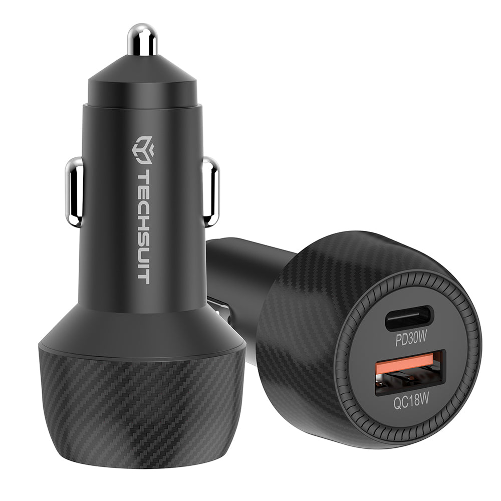 Auto punjač Techsuit C7 CarbonVolt, 48W, 3A, 1 x USB-A - 1 x USB-C, Crni