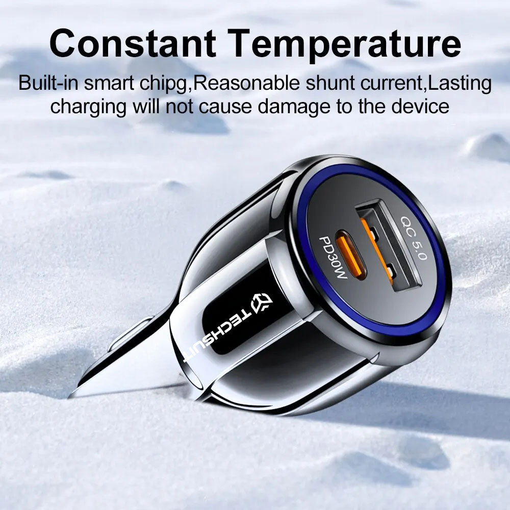 Auto punjač Techsuit TE-022 Premium, 60W, 3A, 1 x USB-A - 1 x USB-C, Crni