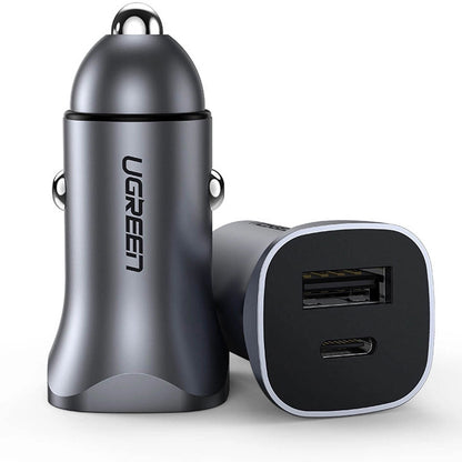 Car Charger UGREEN CD130, 30W, 3A, 1 x USB-A - 1 x USB-C, Grey 